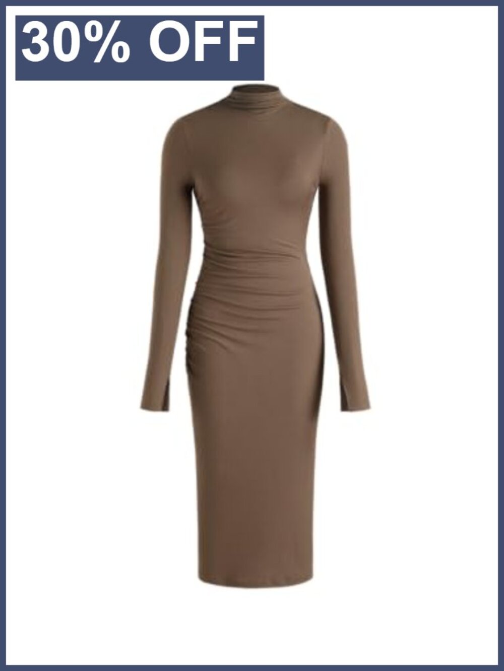 Long Sleeve High Neck Ribbed Knit Bodycon Ruched Midi Dress